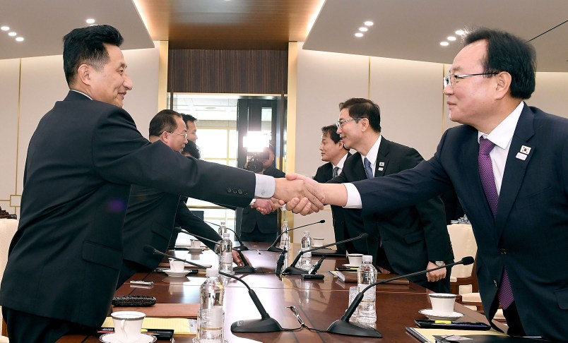 In this handout image provided by South Korean Unification Ministry,  on January 17, 2018 in Panmunjom, South Korea.