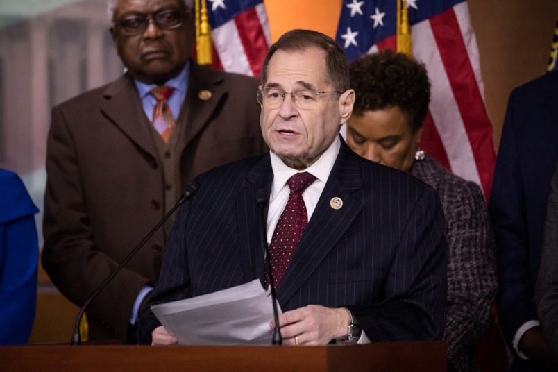 Rep. Jerry Nadler speaks with Reps Cedric Richmond, CBC and Judiciary Deomocrats by his side, as they introduced a resolution to censure President Donald Trump for what they called racist comments on Haiti, African Countries and El Salvador, on Capitol Hill, on Thursday, January 18, 2018. (Photo by Cheriss May) (Photo by Cheriss May/NurPhoto)