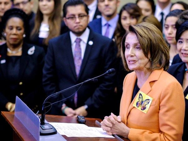 WASHINGTON, DC - January 30:  House Minority Leader Nancy Pelosi (D-CA) speaks during a press conference with Dreamers who will be attending President Trump's first State of the Union Address on January 30, 2018 in Washington, DC. Democratic leaders from both Houses of Congress welcomed the largest group of Dreamers to attend a State of the Union Address.  (Photo by Pete Marovich/Getty Images)