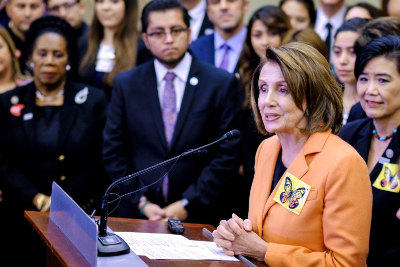 WASHINGTON, DC - January 30:  House Minority Leader Nancy Pelosi (D-CA) speaks during a press conference with Dreamers who will be attending President Trump's first State of the Union Address on January 30, 2018 in Washington, DC. Democratic leaders from both Houses of Congress welcomed the largest group of Dreamers to attend a State of the Union Address.  (Photo by Pete Marovich/Getty Images)