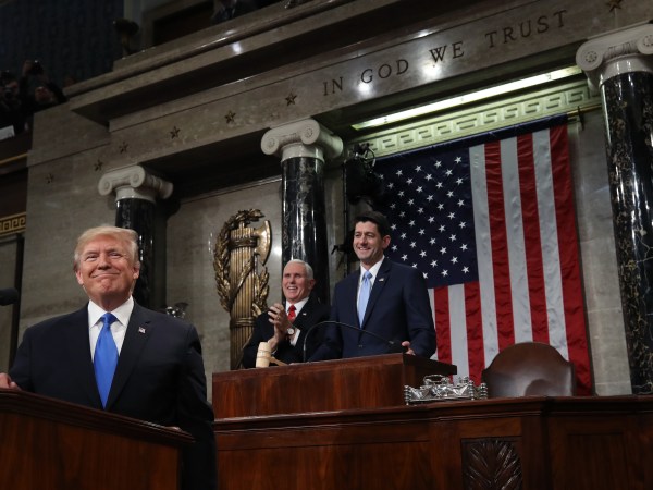 during the State of the Union address in the chamber of the U.S. House of Representatives January 30, 2018 in Washington, DC. This is the first State of the Union address given by U.S. President Donald Trump and his second joint-session address to Congress.