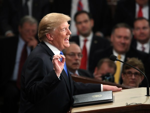 during the State of the Union address in the chamber of the U.S. House of Representatives January 30, 2018 in Washington, DC. This is the first State of the Union address given by U.S. President Donald Trump and his second joint-session address to Congress.