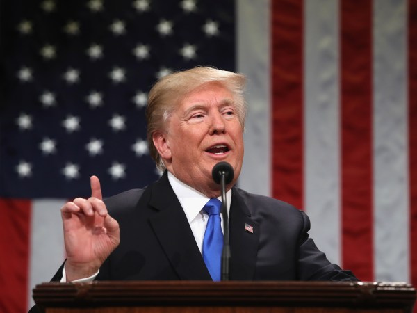during the State of the Union address in the chamber of the U.S. House of Representatives January 30, 2018 in Washington, DC. This is the first State of the Union address given by U.S. President Donald Trump and his second joint-session address to Congress.