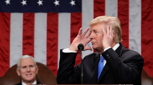 during the State of the Union address in the chamber of the U.S. House of Representatives January 30, 2018 in Washington, DC. This is the first State of the Union address given by U.S. President Donald Trump and his second joint-session address to Congress.