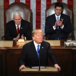 during the State of the Union address in the chamber of the U.S. House of Representatives January 30, 2018 in Washington, DC. This is the first State of the Union address given by U.S. President Donald Trump and his second joint-session address to Congress.