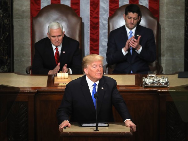 during the State of the Union address in the chamber of the U.S. House of Representatives January 30, 2018 in Washington, DC. This is the first State of the Union address given by U.S. President Donald Trump and his second joint-session address to Congress.