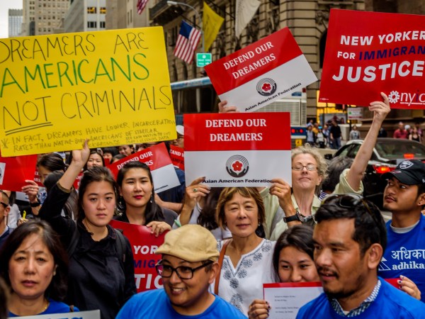 TRUMP TOWER, NEW YORK, UNITED STATES - 2017/10/05: The Asian American Federation partnered with leading immigrant advocacy groups in New York to hold the Asian-American Dreamer rally outside Trump Tower in Manhattan on October 5, 2017; to defend the future of DACA, and in support of Asian-American DACA recipients who are being impacted by the dissolution of the DACA program under the Trump administration. (Photo by Erik McGregor/Pacific Press/LightRocket via Getty Images)