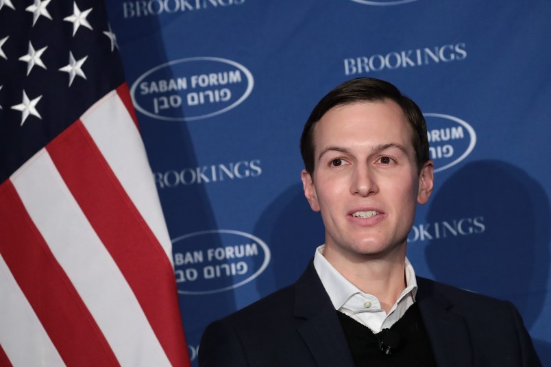 WASHINGTON, DC - DECEMBER 3: White House Senior Advisor to the President Jared Kushner speaks during a conversation with Haim Saban at Saban Forum, December 3, 2017 in Washington, DC. The Saban Forum is a US-Israeli dialogue, hosted by the Brookings Institution. (Drew Angerer/Getty Images)