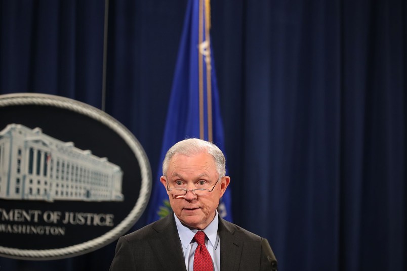 U.S. Attorney General Jeff Sessions holds a news conference at the Department of Justice December 15, 2017 in Washington, DC. Sessions called the question-and-answer session with reporters to highlight his department's fight to reduce violent crime.