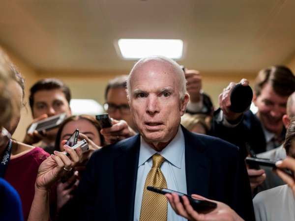 WASHINGTON, DC - Senator John McCain speaks to journalists after Senate party caucus luncheons on Capitol Hill in Washington, DC Tuesday October 31, 2017. (Photo by Melina Mara/The Washington Post)