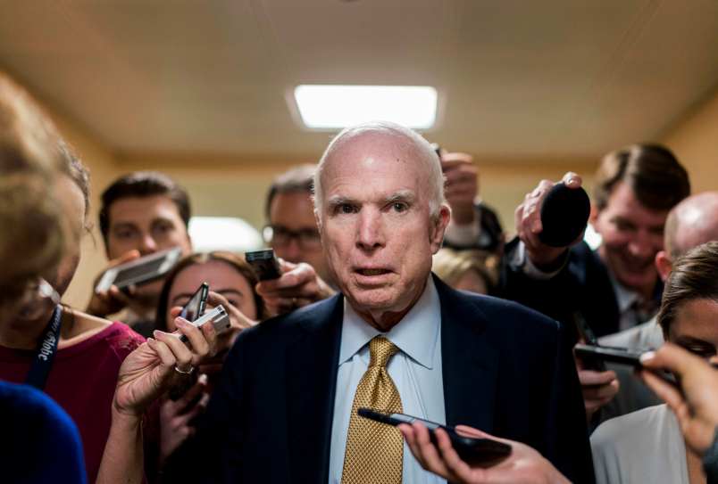 WASHINGTON, DC - Senator John McCain speaks to journalists after Senate party caucus luncheons on Capitol Hill in Washington, DC Tuesday October 31, 2017. (Photo by Melina Mara/The Washington Post)