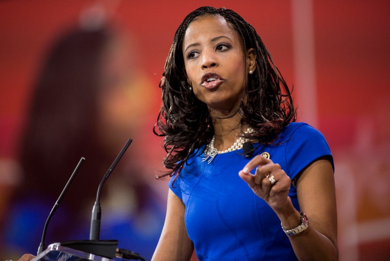 UNITED STATES - FEBRUARY 26: Rep. Mia Love, R-Utah, speaks to the crowd at CPAC in National Harbor, Md., on Feb. 26, 2015. (Photo By Bill Clark/CQ Roll Call)