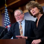 UNITED STATES - JANUARY 26: From left, Sen. Dan Sullivan, R-Alaska, Rep. Don Young, R-Alaska, and Senate Energy and Natural Resources Chairwoman Lisa Murkowski, R-Alaska, conduct a news conference in the Capitol's Senate studio to "respond to the Obama administration's efforts to lock up millions of acres of the nation's richest oil and natural gas prospects on the Arctic coastal plain and move to block development of Alaska's offshore resources," January 26, 2015. (Photo By Tom Williams/CQ Roll Call)
