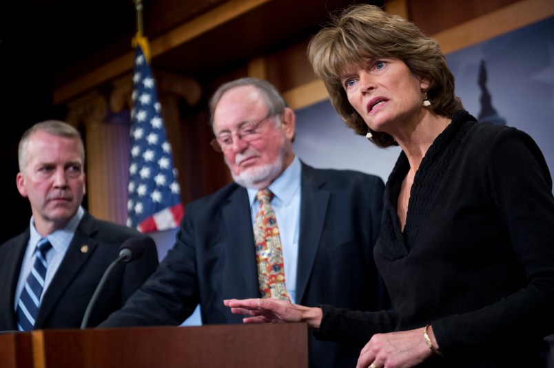 UNITED STATES - JANUARY 26: From left, Sen. Dan Sullivan, R-Alaska, Rep. Don Young, R-Alaska, and Senate Energy and Natural Resources Chairwoman Lisa Murkowski, R-Alaska, conduct a news conference in the Capitol's Senate studio to "respond to the Obama administration's efforts to lock up millions of acres of the nation's richest oil and natural gas prospects on the Arctic coastal plain and move to block development of Alaska's offshore resources," January 26, 2015. (Photo By Tom Williams/CQ Roll Call)