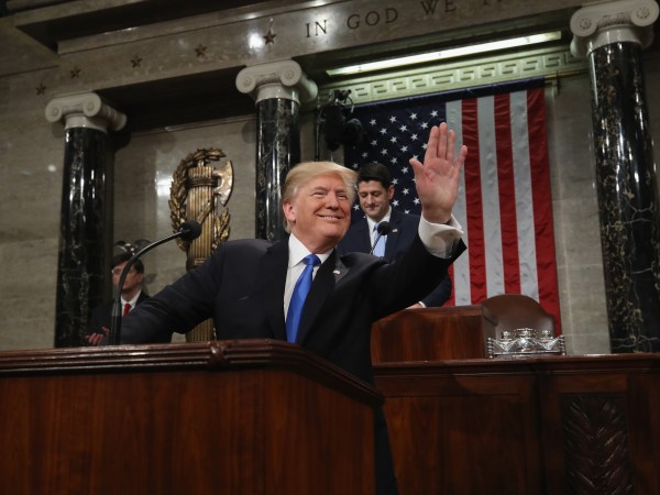 during the State of the Union address in the chamber of the U.S. House of Representatives January 30, 2018 in Washington, DC. This is the first State of the Union address given by U.S. President Donald Trump and his second joint-session address to Congress.