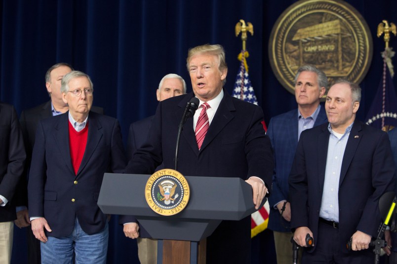 06 January 2018- Thurmont MD- U.S. President Donald J. Trump speaks at Camp David after holding meetings with staff, members of his Cabinet and Republican members of Congress to discuss the Republican legislative agenda for 2018.Photo Credit: Chris Kleponis/Sipa USA