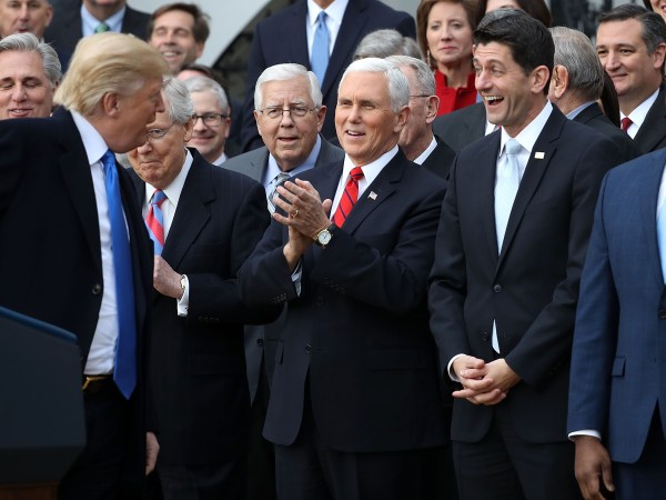 U.S. President Donald Trump hosts an event to celebrate Congress passing the Tax Cuts and Jobs Act with Republican members of the House and Senate on the South Lawn of the White House December 20, 2017 in Washington, DC. The tax bill is the first major legislative victory for the GOP-controlled Congress and Trump since he took office almost one year ago.