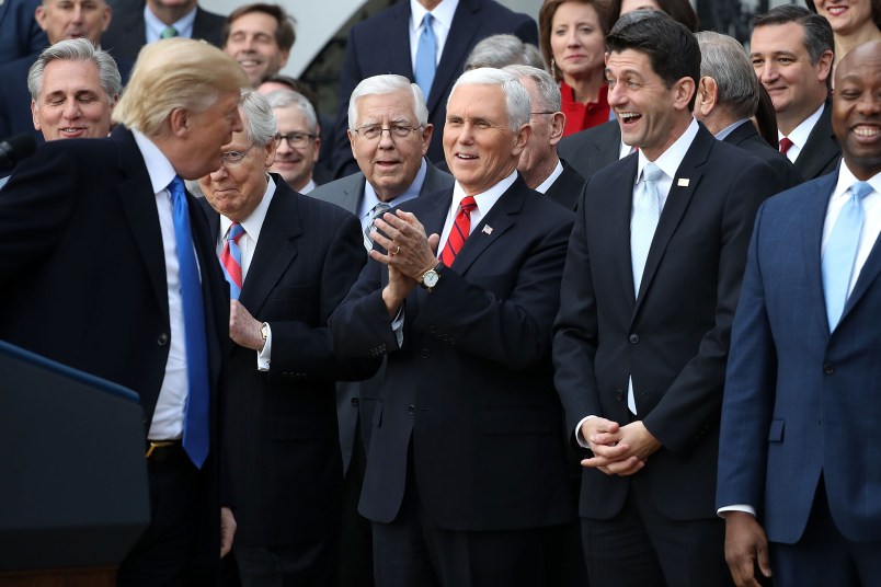 U.S. President Donald Trump hosts an event to celebrate Congress passing the Tax Cuts and Jobs Act with Republican members of the House and Senate on the South Lawn of the White House December 20, 2017 in Washington, DC. The tax bill is the first major legislative victory for the GOP-controlled Congress and Trump since he took office almost one year ago.
