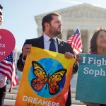 UNITED STATES - APRIL 18: Rep. Ruben Gallego, D-Ariz., center, and Dolores Huerta, right, attend rally outside of the Supreme Court as oral arguments are heard on President Obama's executive actions which would help defer deportation for undocumented people, April 18, 2016. (Photo By Tom Williams/CQ Roll Call)