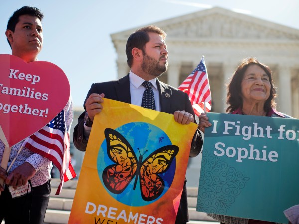 UNITED STATES - APRIL 18: Rep. Ruben Gallego, D-Ariz., center, and Dolores Huerta, right, attend rally outside of the Supreme Court as oral arguments are heard on President Obama's executive actions which would help defer deportation for undocumented people, April 18, 2016. (Photo By Tom Williams/CQ Roll Call)
