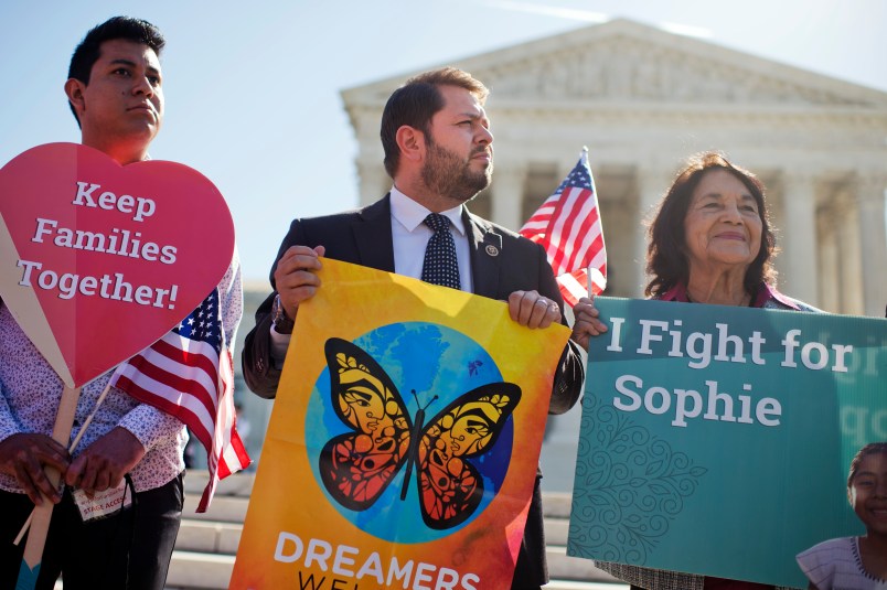 UNITED STATES - APRIL 18: Rep. Ruben Gallego, D-Ariz., center, and Dolores Huerta, right, attend rally outside of the Supreme Court as oral arguments are heard on President Obama's executive actions which would help defer deportation for undocumented people, April 18, 2016. (Photo By Tom Williams/CQ Roll Call)