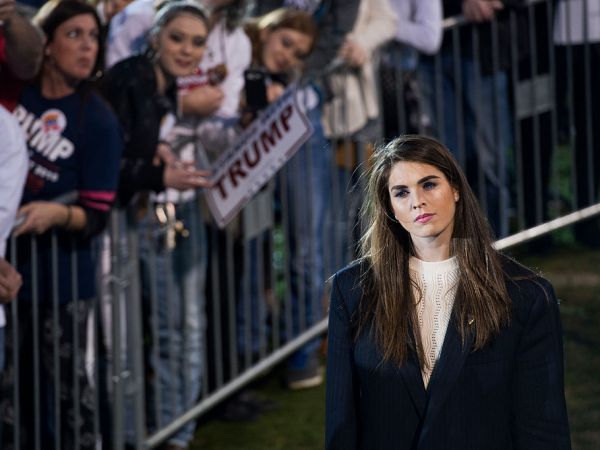 UNITED STATES - FEBRUARY 28: Hope Hicks, communications aide for Republican presidential candidate Donald Trump, attends a campaign rally at Madison City Schools Stadium in Madison, Ala., February 28, 2016. (Photo By Tom Williams/CQ Roll Call)