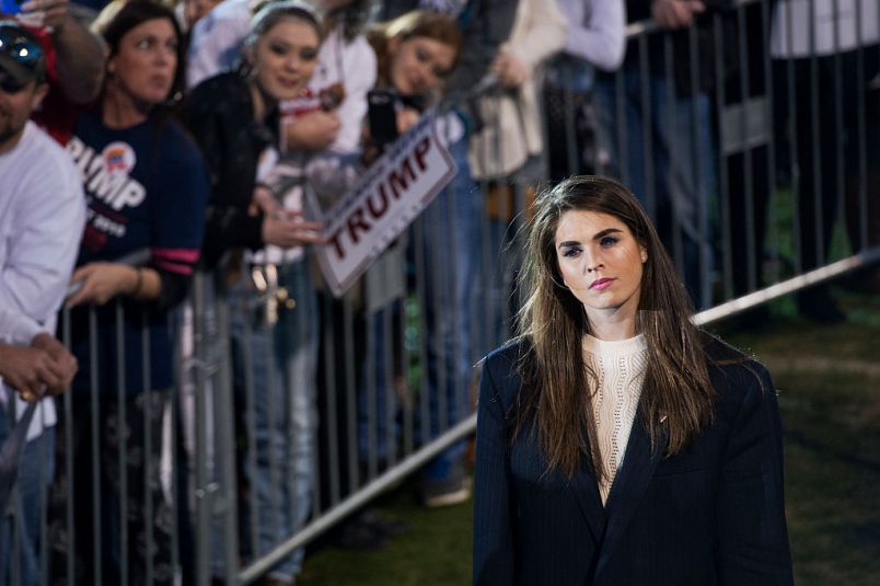 UNITED STATES - FEBRUARY 28: Hope Hicks, communications aide for Republican presidential candidate Donald Trump, attends a campaign rally at Madison City Schools Stadium in Madison, Ala., February 28, 2016. (Photo By Tom Williams/CQ Roll Call)