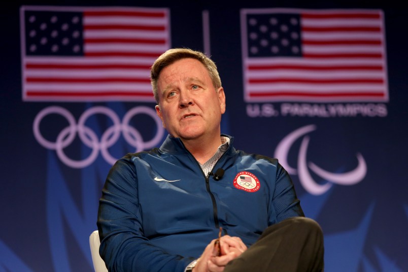 addresses the media at the USOC Olympic Meida Summit at The Beverly Hilton Hotel on March 7, 2016 in Beverly Hills, California.