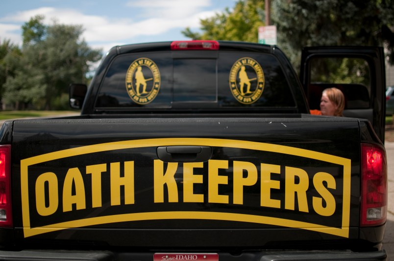A pickup of  an Oath Keeper from Idaho in Bozeman, Montana. The "Oath Keepers" are a national, ultra-rightwing "Patriot" group comprised of former and active military, police and public safety personnel who have taken an oath to "uphold the Constitution" and to refuse to follow orders that they decide are unconstitutional.