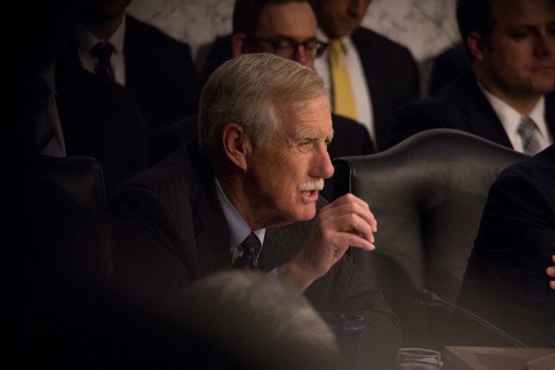 Sen. Angus King (I-ME), questioned former FBI Director James Comey during his testimony in front of the Senate Intelligence Committee, on his past relationship with President Donald Trump, and his role in the Russian interference investigation, in the Senate Hart building on Capitol Hill, on Thursday, June 8, 2017. (Photo by Cheriss May) (Photo by Cheriss May/NurPhoto)
