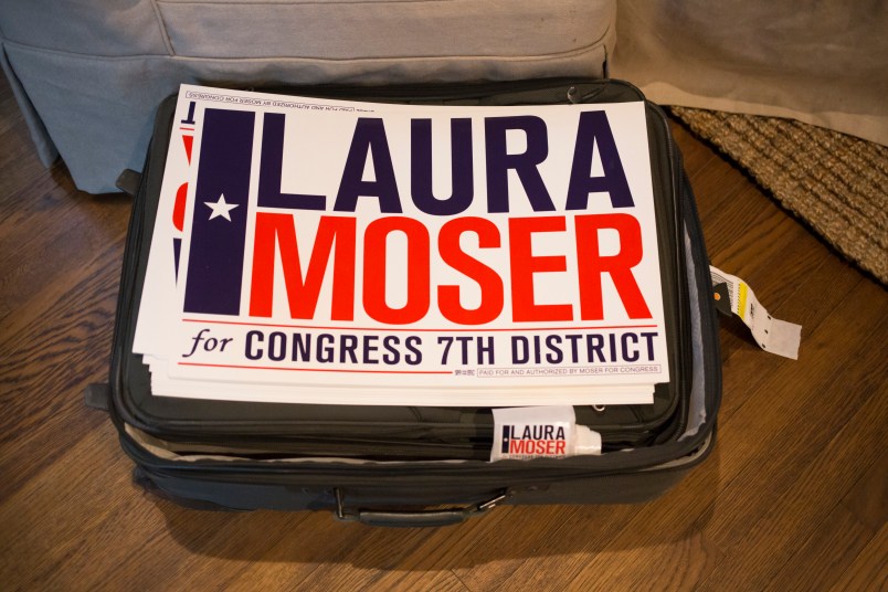 HOUSTON, TX -- MAY 22, 2017: Laura Moser's campaign signs on a bag in her home in Houston, Monday May 22, 2017.  Moser is returning to Houston from Washington where her husband worked for the Obama Whitehouse, and is starting her effort to run for the 7th Congressional District in Texas currently occupied by Republican John Culberson. (Photo by Michael Stravato/For the Washington Post)