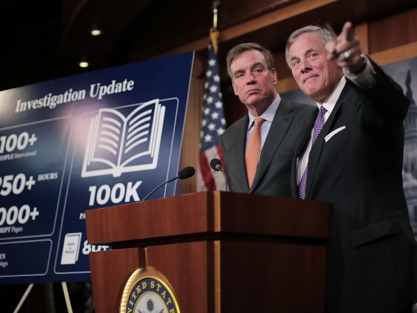 Senate Intelligence Committee Chairman Richard Burr (R-NC) and committee Vice Chair Mark Warner (D-VA) hold a news conference on the status of the committee's inquiry into Russian interference in the 2016 presidential election at the U.S. Capitol October 4, 2017 in Washington, DC.