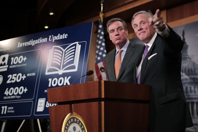 Senate Intelligence Committee Chairman Richard Burr (R-NC) and committee Vice Chair Mark Warner (D-VA) hold a news conference on the status of the committee's inquiry into Russian interference in the 2016 presidential election at the U.S. Capitol October 4, 2017 in Washington, DC.