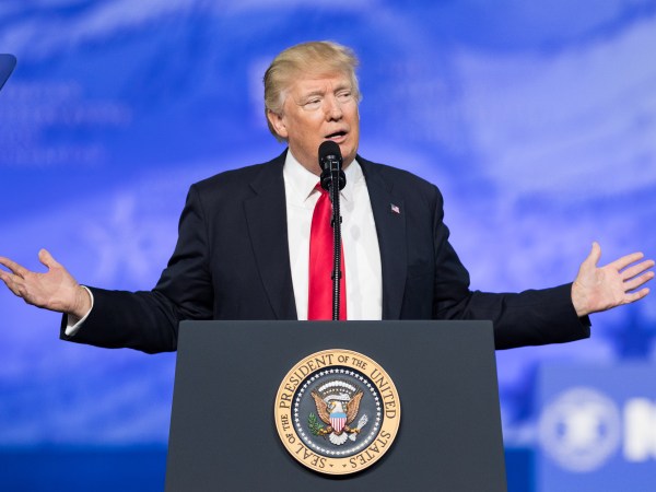 NATIONAL HARBOR, MD, UNITED STATES - 2017/02/24: President Donald Trump speaking at the American Conservative Union's 2017 Conservative Political Action Conference (CPAC). (Photo by Michael Brochstein/SOPA Images/LightRocket via Getty Images)