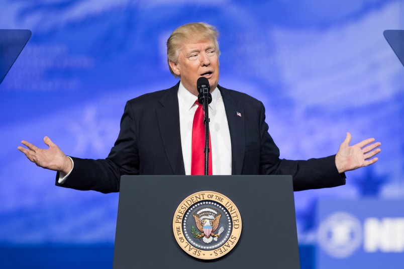 NATIONAL HARBOR, MD, UNITED STATES - 2017/02/24: President Donald Trump speaking at the American Conservative Union's 2017 Conservative Political Action Conference (CPAC). (Photo by Michael Brochstein/SOPA Images/LightRocket via Getty Images)
