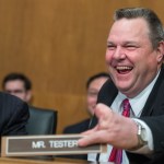 UNITED STATES - JANUARY 23: Sens. Bob Menendez, D-N.J., and Jon Tester, D-Mont., are seen during a Senate Banking, Housing and Urban Affairs Committee hearing in Dirksen Building on the nominations of Jelena McWilliams, Marvin Goodfriend, and Thomas Workman on January 23, 2018. (Photo By Tom Williams/CQ Roll Call)