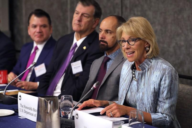 U.S. Education Secretary Betsy DeVos addresses the U.S. Conference of Mayors 86th annual Winter Meeting at the Capitol Hilton January 25, 2018 in Washington, DC. The non-partisan conference of mayors from cities with populations of 300,000 or larger meet annually in Washington, DC.