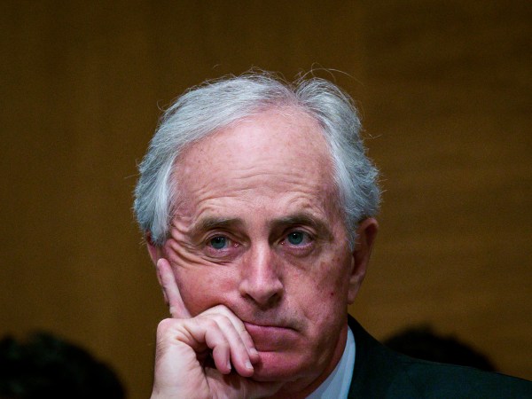 WASHINGTON, DC - JANUARY 30:  Senator Bob Corker (R-TN) looks on as Treasury Secretary Steven Mnuchin delivers the annual financial stability report to the Senate Banking, Housing and Urban Affairs Committee on January 30, 2018 in Washington, DC. Mnuchin said the Treasury can extend the government's debt limit suspension period into February before it exhausts its borrowing ability.  (Photo by Pete Marovich/Getty Images)