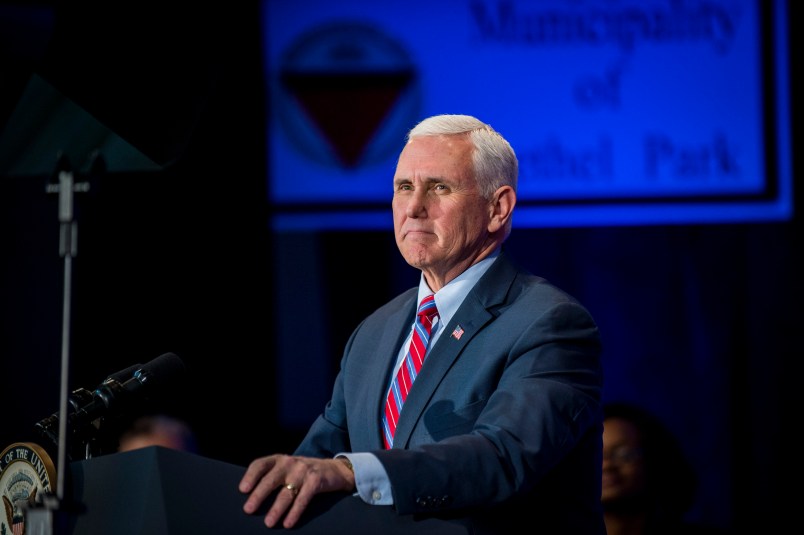 BETHEL PARK, PA - FEBRUARY 02: Vice President Mike Pence speaks during a campaign event for Republican Pennsylvania congressional candidate Rick Saccone, at the Bethel Park Community Center  on February 2, 2018 in Bethel Park, Pennsylvania. (Photo by Pete Marovich/Getty Images)