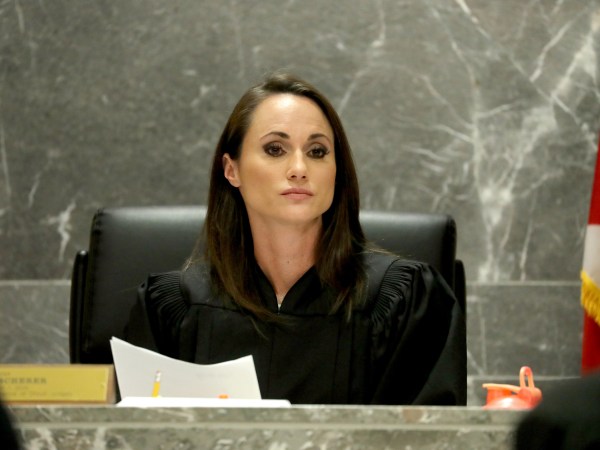 Broward Circuit Judge Elizabeth Scherer listens to arguments in the Nikolas Cruz status hearing on Monday, Feb. 19, 2018. Cruz faces 17 charges of premeditated murder in the mass shooting at Marjory Stoneman Douglas High School in Parkland, Fla. (Mike Stocker/Sun Sentinel/TNS)