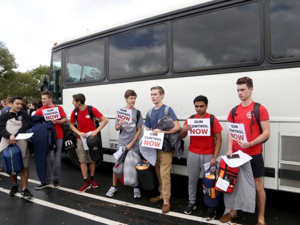 Students from Marjory Stoneman Douglas High School get ready to board a bus for a trip to Tallahassee, Fla. on Tuesday, Feb. 20, 2018 to talk with lawmakers about the recent rampage at their school and what needs to be done to make sure it doesn't happen again. (Mike Stocker/Sun Sentinel/TNS)