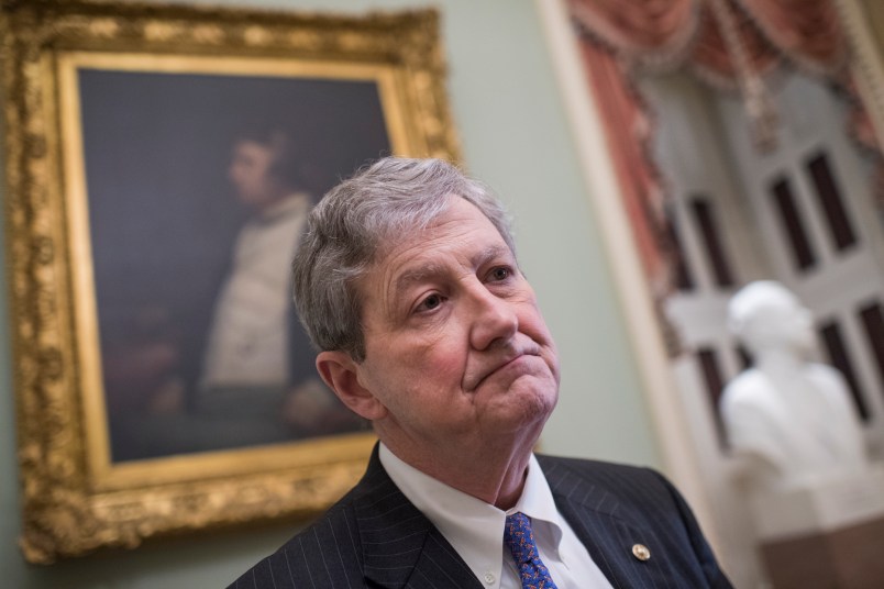 UNITED STATES - JANUARY 23: Sen. John Kennedy, R-La., talks with reporters after Senate Policy luncheons in the Capitol on January 23, 2018. (Photo By Tom Williams/CQ Roll Call)