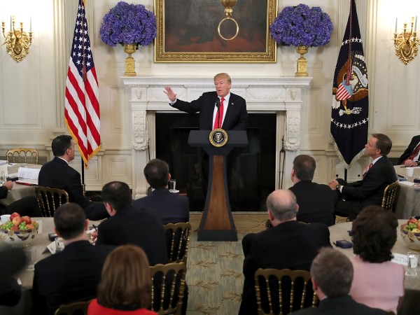 U.S. President Donald Trump hosts a business session with state governors in the State Dining Room at the White House February 26, 2018 in Washington, DC. The National Governors Association is holding its annual winter meeting this week in Washington.
