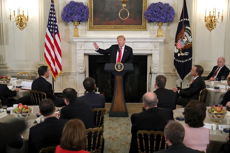 U.S. President Donald Trump hosts a business session with state governors in the State Dining Room at the White House February 26, 2018 in Washington, DC. The National Governors Association is holding its annual winter meeting this week in Washington.