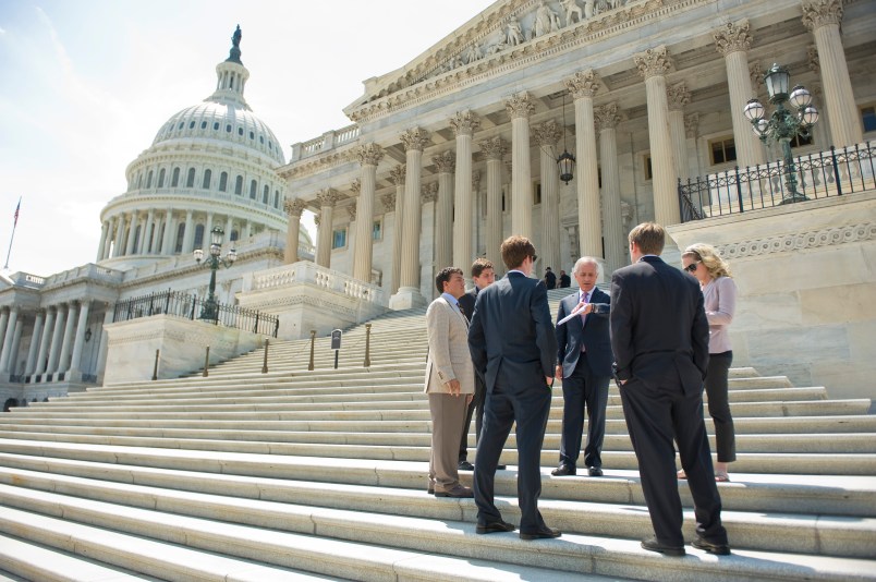 UNITED STATES - AUGUST 02:  Sen. Bob Corker, R-Tenn., talks to some of his interns on the Senate steps of the Capitol after the Senate passed a deal to raise the nation's debt limit and reduce the deficit.  (Photo By Tom Williams/Roll Call)
