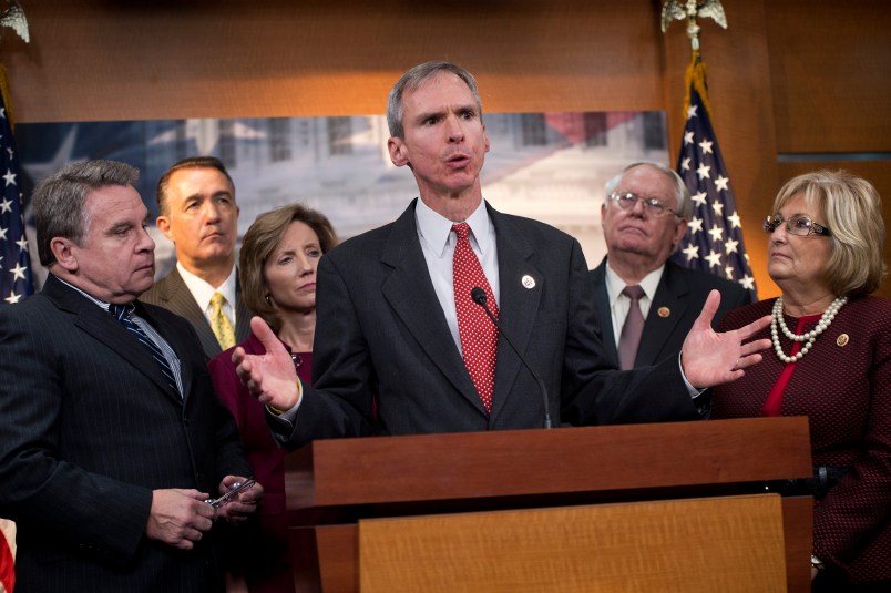 UNITED STATES - OCTOBER 09: From left, Reps. Chris Smith, R-N.J., Trent Franks, R-Ariz., Vicky Hartzler, R-Mo., Dan Lipinski, R-Ill., Joe Pitts, R-Pa., and Diane Black, R-Tenn., conduct a news conference in the Capitol Visitor Center to introduce the Abortion Insurance Full Disclosure Act. The legislation would help people easily determine which insurance plans fund abortions when they are trying to enroll in President Obama' health care exchanges. (Photo By Tom Williams/CQ Roll Call)