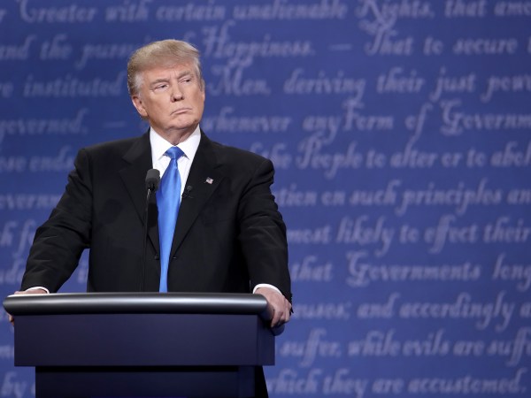 during the Presidential Debate at Hofstra University on September 26, 2016 in Hempstead, New York.  The first of four debates for the 2016 Election, three Presidential and one Vice Presidential, is moderated by NBC's Lester Holt.