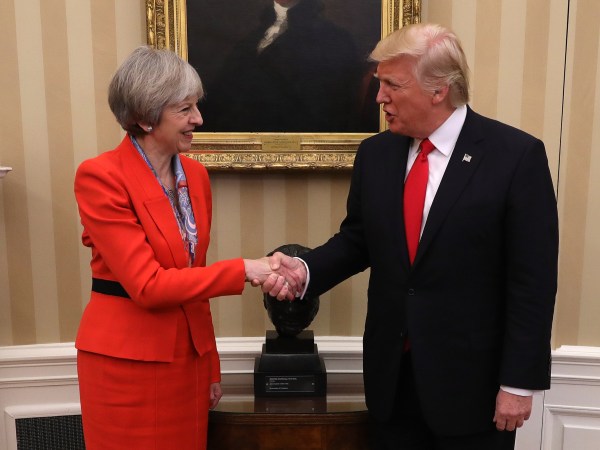 WASHINGTON, DC - JANUARY 27:  British Prime Minister Theresa May shakes hands with U.S. President Donald Trump at The White House on January 27, 2017 in Washington, DC. British Prime Minister Theresa May is on a two-day visit to the United States and will be the first world leader to meet with President Donald Trump.  (Photo by Christopher Furlong/Getty Images)