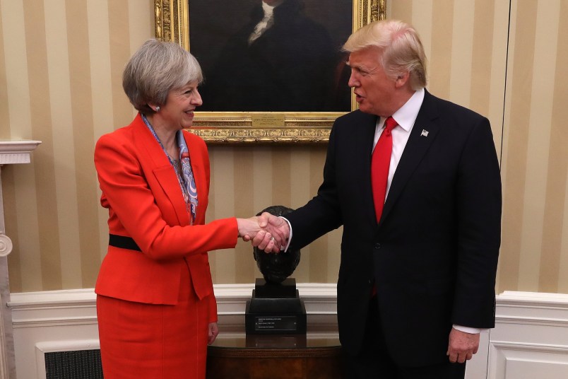 WASHINGTON, DC - JANUARY 27:  British Prime Minister Theresa May shakes hands with U.S. President Donald Trump at The White House on January 27, 2017 in Washington, DC. British Prime Minister Theresa May is on a two-day visit to the United States and will be the first world leader to meet with President Donald Trump.  (Photo by Christopher Furlong/Getty Images)