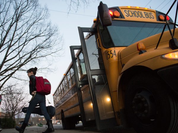 LOUISVILLE, KY - MARCH 2: Students get unloaded by bus on March, 2, 2017 at Meyzeek Middle School in Louisville, Kentucky. The Kentucky GOP-led state House passed House Bill 151 that would require Jefferson County to return to neighborhood schooling, which could undo the county's longstanding desegregation efforts. (Michael Noble, Jr. for The Washington Post)